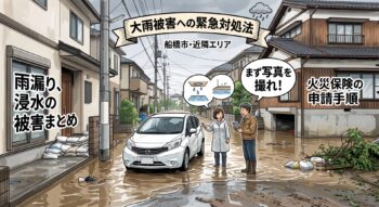 【船橋市・近隣市町村】大雨による冠水・雨漏り被害への緊急対処法｜火災保険の申請と業者選びの注意点